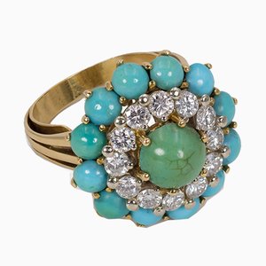 Bague Vintage en Or 18k avec Diamants Taille et Turquoise, 1960s