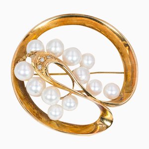 Vintage 18k Gold Brooch with Akoya Pearls and Diamonds, 1970s