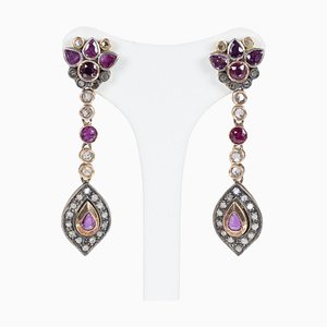 Antique Style 14k Gold Earrings with Rubies and Diamond Rosettes