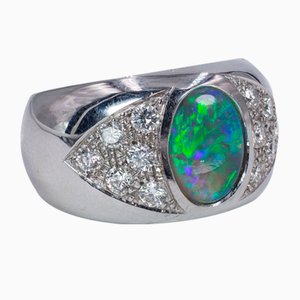Vintage 18k White Gold Ring with Opal and Diamonds, 1980s