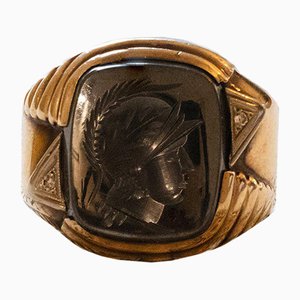 Antiker 10 kt Gold Herrenring mit Graviertem Hämatit & Diamanten, 1940er
