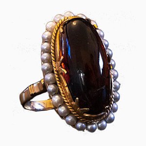 Vintage Ring in 18k Gold with Amber and Beads, 1950s