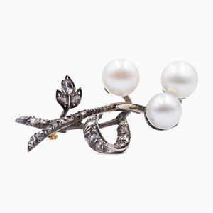 Antique Gold and Silver Brooch with Pearls and Pink Cut Diamonds, 1900s