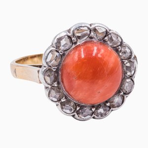 Vintage Ring in 18k Gold and Silver with Coral and Diamond Rosettes, 1940s
