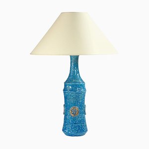Lampada da tavolo in ceramica blu e dorata di Bitossi, anni '60