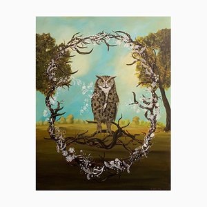 Great Horned Owl, Anne Siems, Figurative Painting, Owl in Forest Landscape, 2018