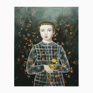 Boy with Calen, Anne Siems, Pintura figurativa surrealista, Boy with Flowers, 2017