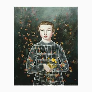 Ragazzo con Calen, Anne Siems, Pittura figurativa surreale, Ragazzo con fiori, 2017