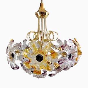12-Light Ceiling Lamp with Flowers in Murano Glass & Frame in Gilded Metal from Mazzega, Italy, 1960s