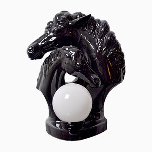 Lámpara estilo Regency en forma de caballo de cerámica negra, años 80