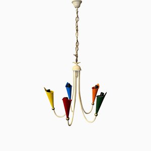 Mid-Century Modern Italian Brass and Painted Metal Chandelier, 1950s