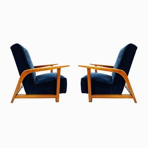 Set of Italian Lobby Lounge Chairs in Blue Velvet, 1940s