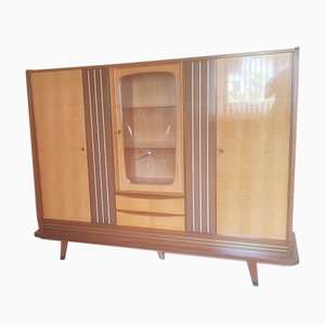 Mueble multifunción de abedul, nogal, latón y vinilo con 2 cajones y panel de vidrio decorado, años 50