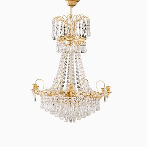 Lámpara de araña Imperio antigua de cristal de 6 brazos con diferentes cristales tallados, década de 1900