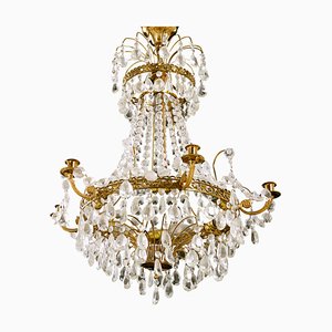 Antique Empire Crystal 6-Arm Chandelier with Different Cut Crystals, 1900s