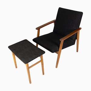 Dänischer Sessel mit Hocker aus Teak und Dunkler Wolle, 1960er