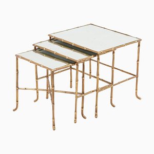 Tavolini a incastro in bambù con specchi di Maison Baguès, Francia, set di 3