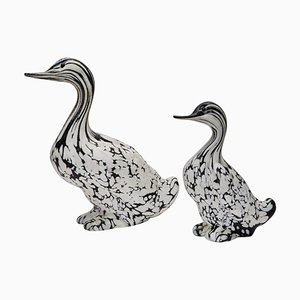 Duck Sculptures in Black & White Murano Glass by Archimede Seguso, Set of 2