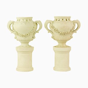 Biscuit Porcelain Vases on Separate Pedestals, France, Set of 2