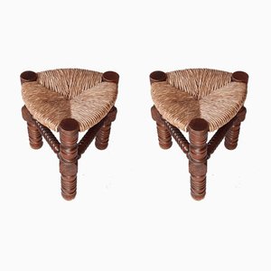 Mid-Century Spanish Wooden Stools with Rush Seats, Set of 2