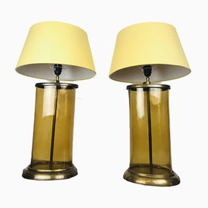 Vintage Coffee Container Table Lamps in Yellow Glass and Brass, Set of 2