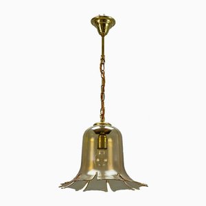 Vintage Bell-Shaped Glass and Brass Pendant Lamp