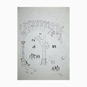 Forum Romantique avec Personnages, Dessin Original Attribué à Giulio Zek, 1961