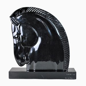 Head of Horse in Lacquered Black Marble, 20th Century