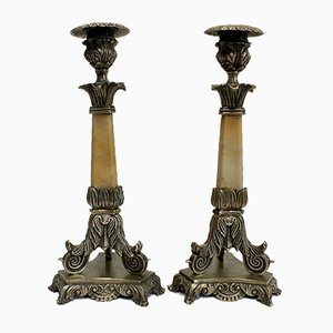 Restoration Period Bronze and Marble Candlesticks, 19th Century, Set of 2