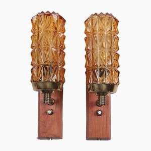 Lampade da parete in teak, ottone e vetro, Danimarca, set di 2