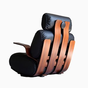 Rocking Chair Mid-Century Moderne en Contreplaqué et en Cuir