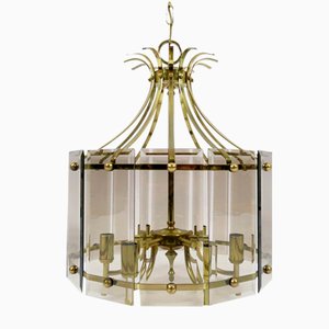 Brass & Smoked Glass Ceiling Lamp, 1970s