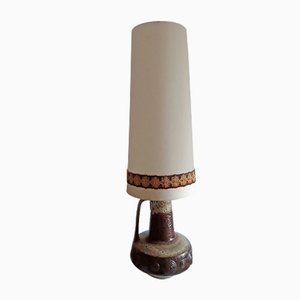 Große Vintage Tischlampe aus braunem Fat Lava Keramik mit beigem Lampenschirm aus Stoff von Hustadt Leuchten