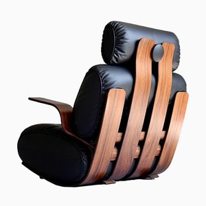 French Rocking Chair in Plywood and Leather, 1970s