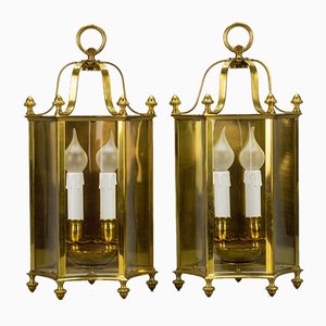 Lanterne da parete vintage a due luci in ottone e vetro, set di 2