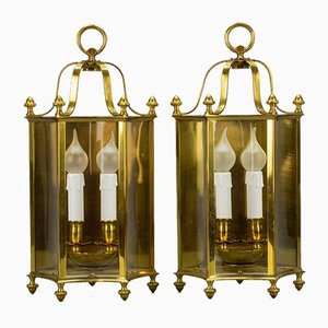 Vintage Brass and Glass Two-Light Wall Lanterns, Set of 2