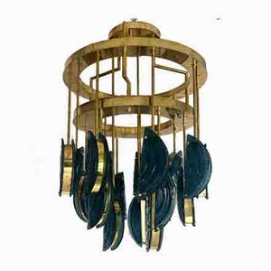 Mid-Century Round Blue Murano Art Glass and Brass Chandelier, 1970s