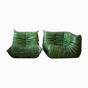 Set di angoli e sedie Togo in pelle verde di Michel Ducaroy per Ligne Roset, anni '70, set di 2
