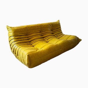 Vintage Yellow & Black Pull-Up Leather 3-Seat Togo Sofa by Michel Ducaroy for Ligne Roset