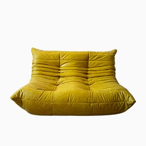Vintage Yellow Pull-Up Dubai Leather 2-Seat Togo Sofa by Michel Ducaroy for Ligne Roset