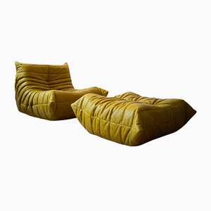 Vintage Yellow Pull-Up Dubai Leather Togo Lounge Chair and Pouf Set by Michel Ducaroy for Ligne Roset, 1970s, Set of 2