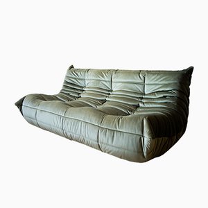 Vintage Khaki Velvet 3-Seat Togo Sofa by Michel Ducaroy for Ligne Roset