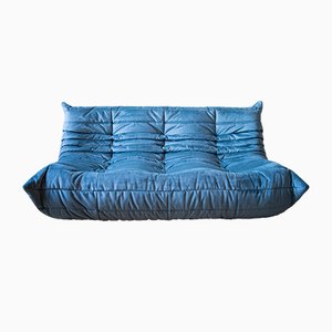 Vintage Lazure Blue Velvet 3-Seat Togo Sofa by Michel Ducaroy for Ligne Roset