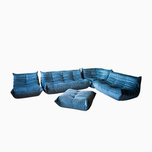 Blaues Samt Wohnzimmer Set von Michel Ducaroy für Ligne Roset, 1970er, 5er Set