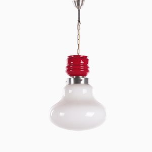 Lampe à Suspension Vintage avec Verre Laiteux Rouge et Blanc, 1960s