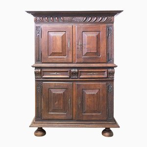 Spanish Gothic Revival Oak 2-Piece Buffet Cabinet, Late 19th Century