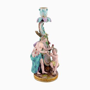 Antiker Kerzenhalter aus handbemaltem Porzellan von Meissen, spätes 19. Jh