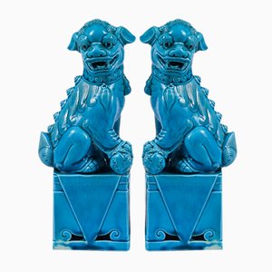 Blue Glazed Ceramic Lions, 1990s, Set of 2