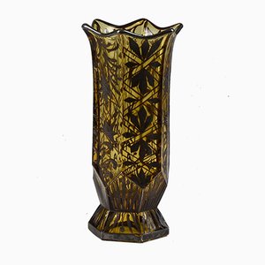 Vase Art Déco en Verre Ambré avec Décorations en Argent