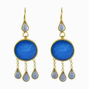 Italian Crystal Blue Intaglio Vermeil Pendant Earrings, Set of 2